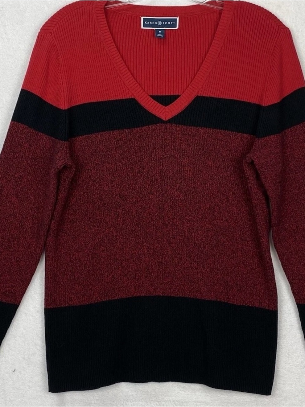 Karen Scott, women V-Neck Sweater, Red & Black, size medium, pre-owned like new